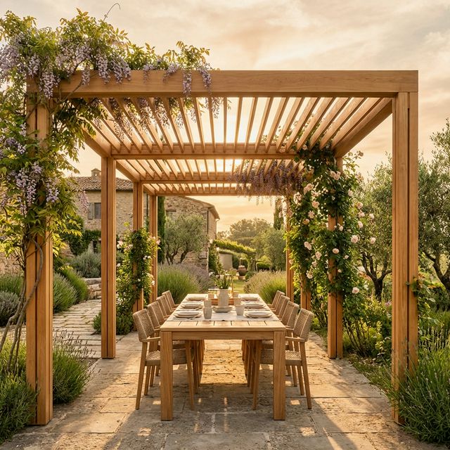 Pergola en bois moderne dans jardin ensoleillé